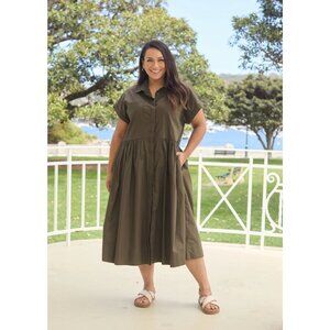 Maye Harper Shirt Midi Dress Khaki Green Size XL Modest Classic Timeless